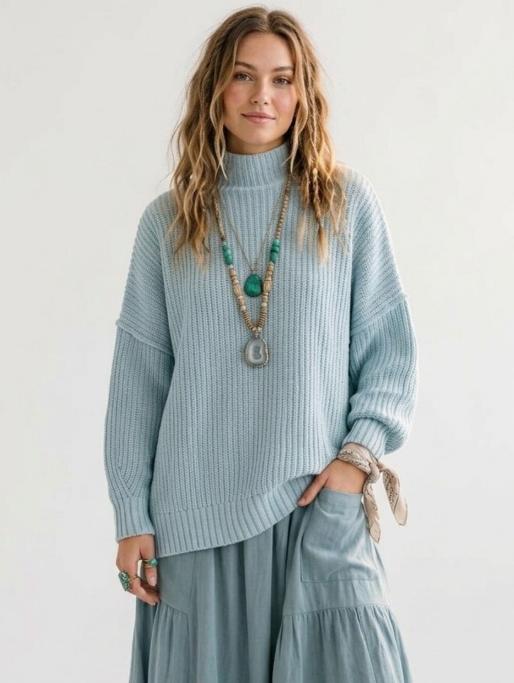 AERIE Blue Ribbed Oversized Chunky Knit Mock Neck Sweater Size Small Oversized
